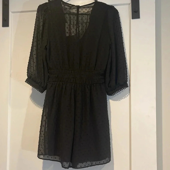 NWT Zara Sheer Black Polka Dot Ruffle 3/4 Sleeve Dress Romper V Neck Size XS - Picture 2 of 3